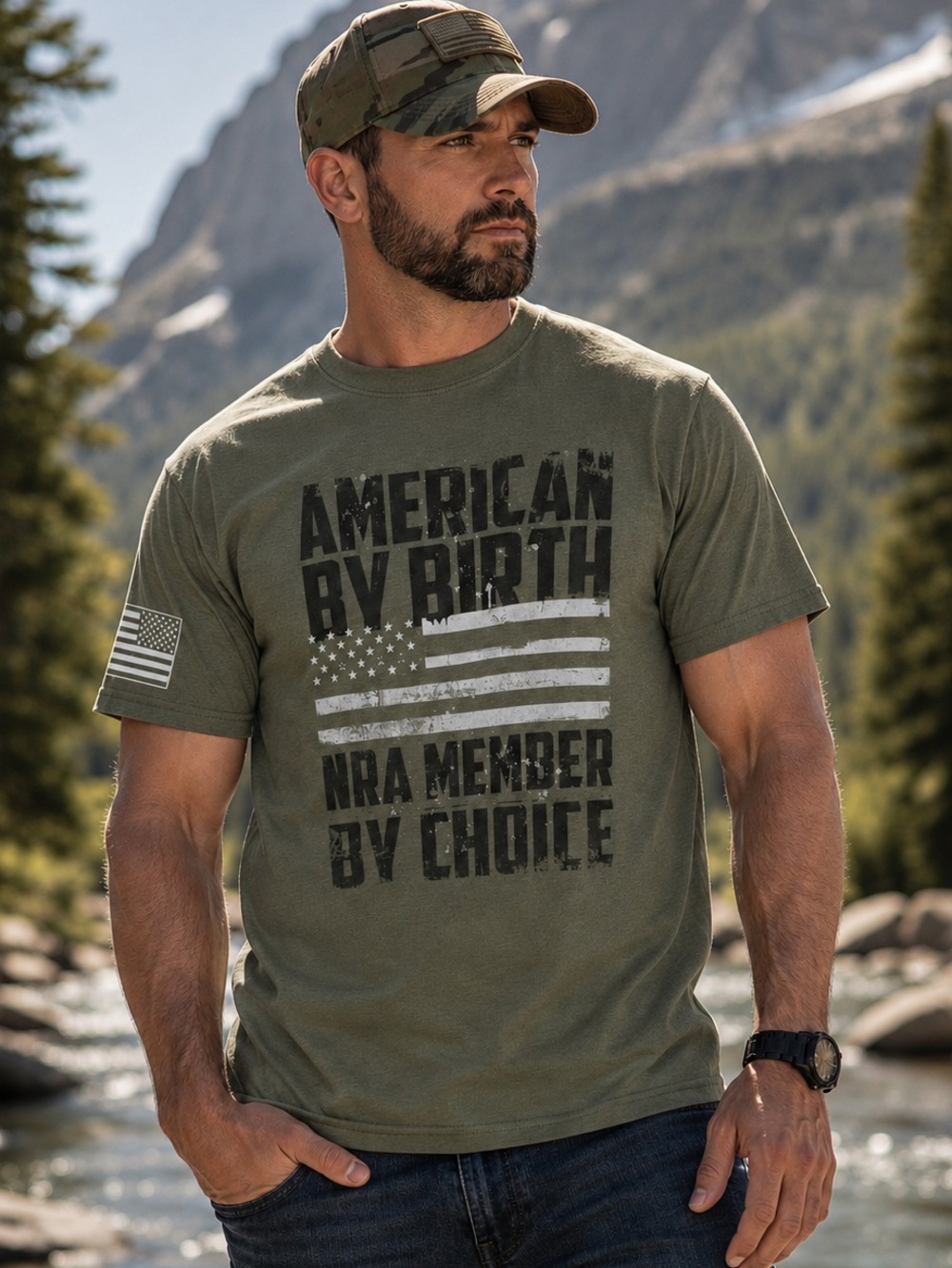 NRA American By Birth NRA Member By Choice T-Shirt Men’s XL Green USA Flag NWT